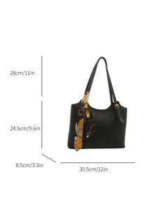 Fashionable And Simple Solid Color Letter Printed Shoulder Tote Bag With Scarf, Suitable For Shopping, Wallets, Shopping, Young Women, College Students, Newcomers, White-Collar Workers. They Are Very Suitable For Offices, Universities, Work, Business, Commuting, Outdoor Activities, Travel, And Outings - Black - View 9