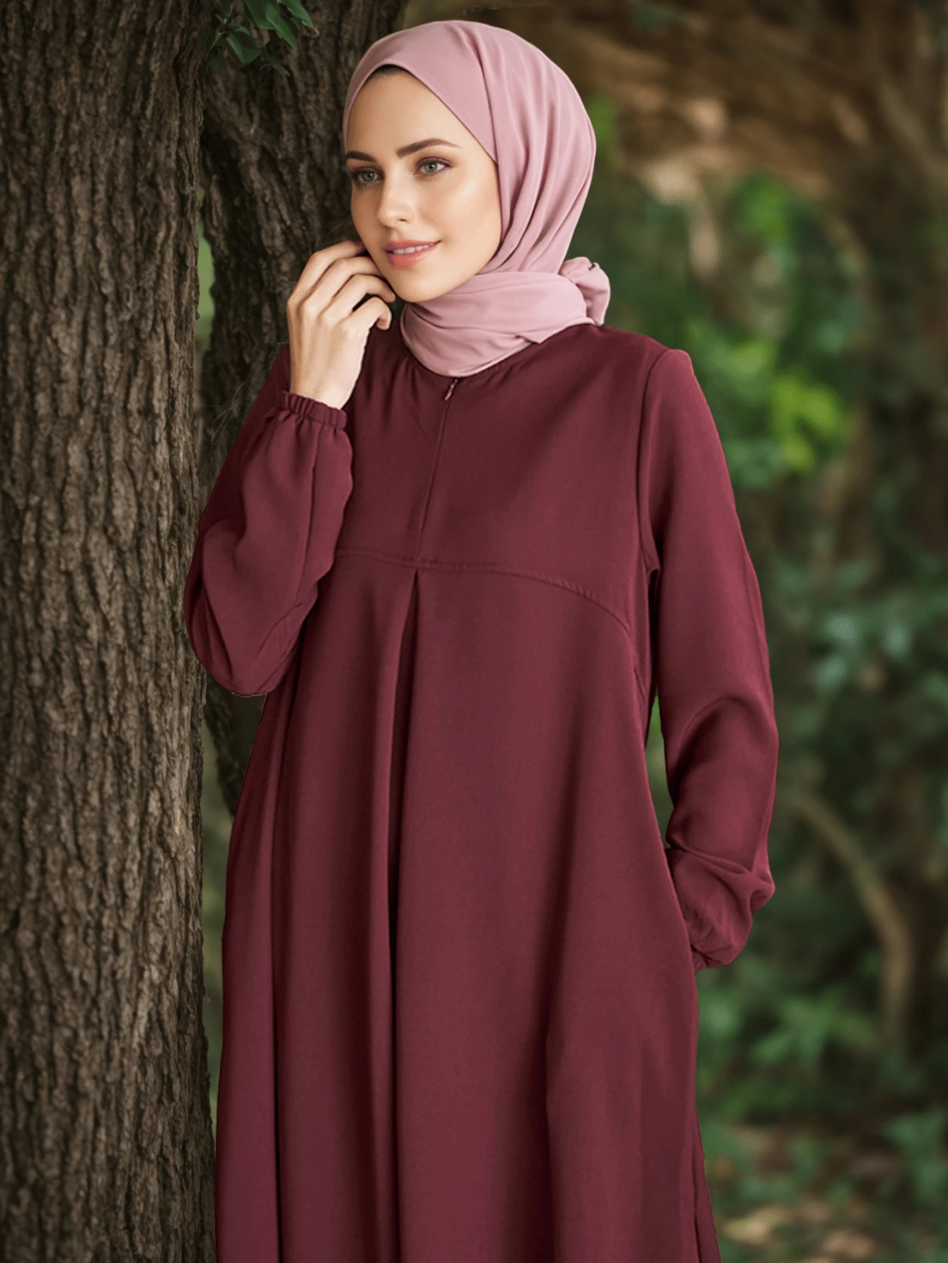 Burgundy Minimalist Elegant Long Dress, Women's Loose Long Sleeve Robe With Pockets, Fashionable Formal Outfit, Suitable For Parties And Various Daily Occasions