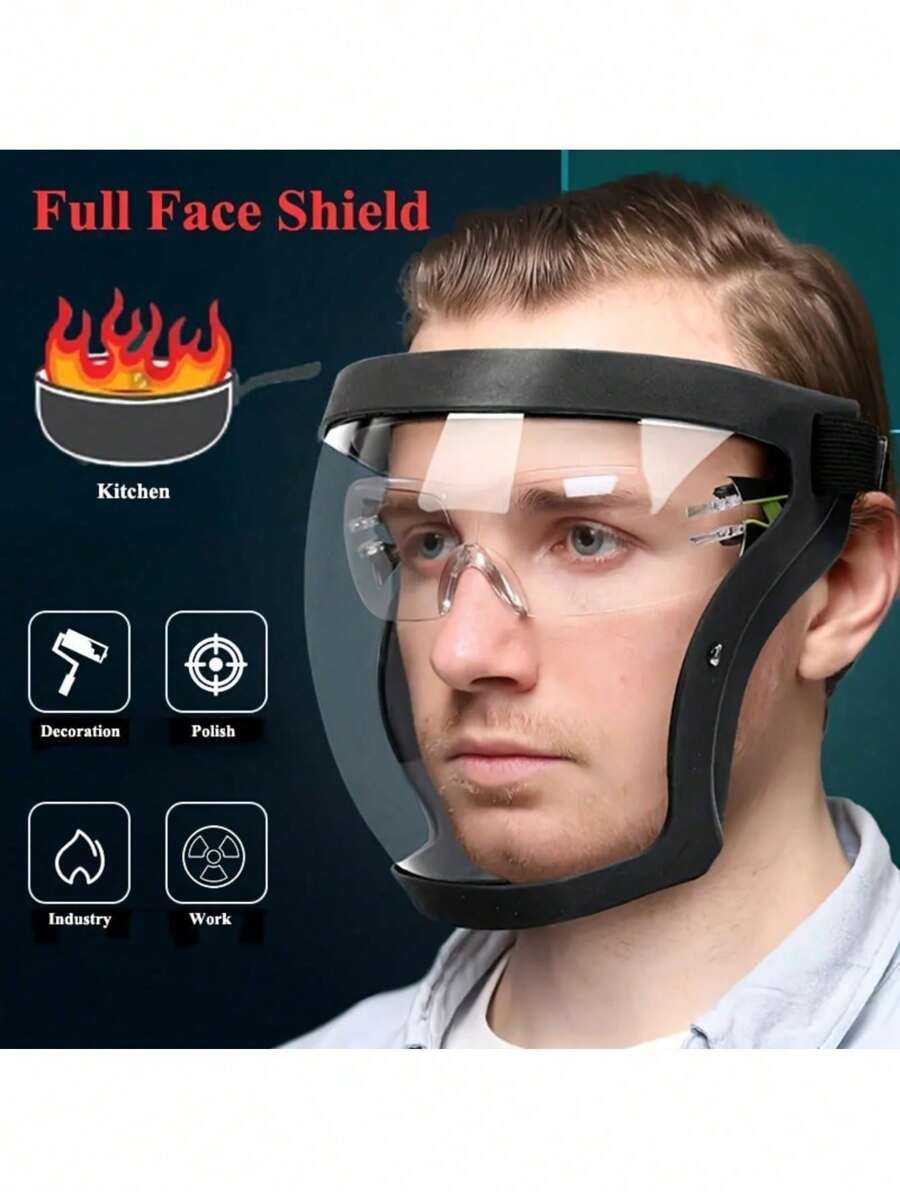 1pc Adjustable Plastic Mask With Vent And Breathing Valve, Full Coverage Transparent Shield, Comfortable Silicone Pad, Elastic Strap, Suitable For Kitchen And Industrial Use