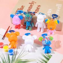 Set de manualidades de creación DIY que incluye un llavero con diseño de oso fluido estilo graffiti, conejo de orejas largas y pequeña decoración de alien, con base blanca para pintar a mano (Incluye: 3 colores u 12 colores de pinturas acrílicas y pinceles) (Colores de accesorios al azar), Vuelta al colegio