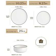 MALACASA 18 Piece Set Of White And Black Edged Ceramic Tableware With Vertical Curved Edges Including 6 Plates/Dessert Plates/Bowls Serving 6 People - White - View 3