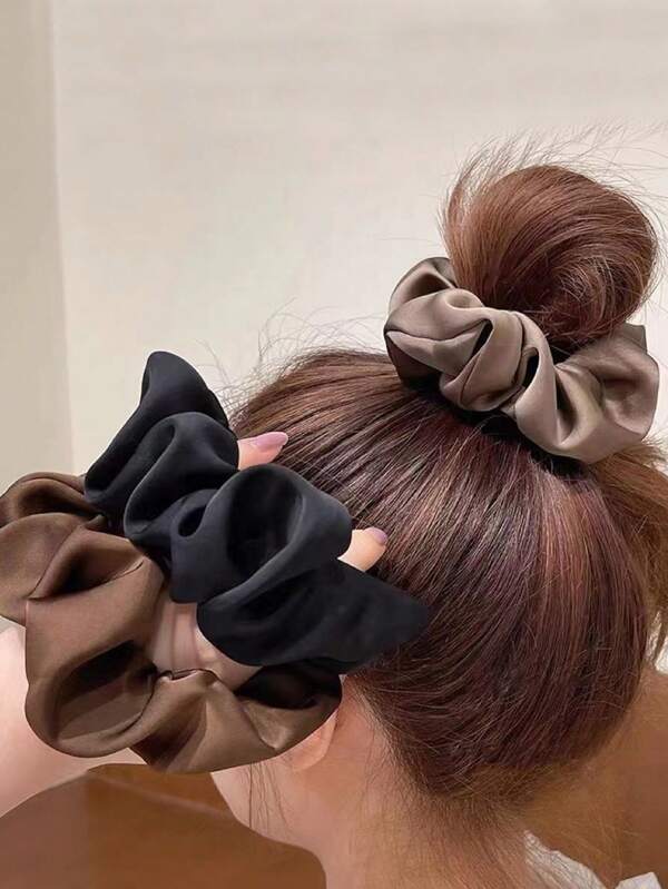 Set de 3 scrunchies de pelo de poliéster elegantes y casuales con estilo vintage, satinados y brillantes para todas las estaciones (con ligera diferencia de color)