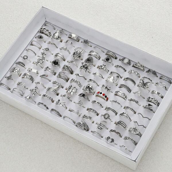 40pcs Gothic Style Alloy Ring Set With Black Gemstones, Versatile And Fashionable, Suitable For Daily Wear And Parties