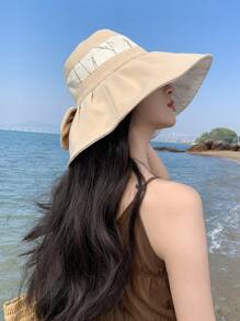 1pc Women's Spring/Summer New Branch & Leaf Bowknot Patchwork Bucket Hat, Fashion Versatile Breathable Face & Sun Protection, Suitable For Travel, Vacation, Shopping, Adjustable Large Brim Bucket Hat, Everyday Use - A - View 9