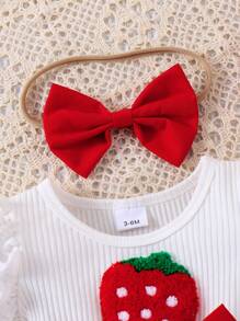 2 sztuki dla dziewczynek, truskawka haftowana, żebrowana, łączona, 3D, duża kokarda, ozdobiona talią, falbaniastym brzegiem, kombinezon z opaską na głowę