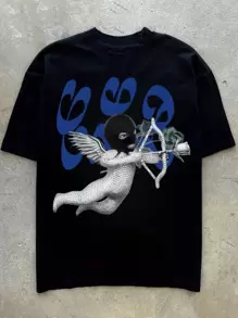 Playera deportiva de manga corta de verano para hombre con cuello redondo y estampado de alas, cómoda y versátil1pc de camiseta de 100% algodón con estampado digital - Negro - Ver 1