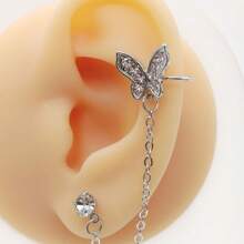 1 Pc Of Earring Chain Butterfly Earring Studs Drop Dangling Chain Wrap Tassel Earring For Women - Silver - View 3