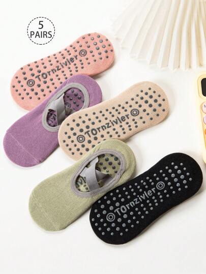 5/2 Pairs Girls' Dot Grip Socks, Ribbon Ballet Socks, Ankle Socks, Suitable For Spring, Autumn, All Seasons, Sports & Yoga, Simple Sports Socks For Students, Dance Socks, Soft & Breathable, Suitable For Daily Wear, Back To School Season, Fashion & Versatile
