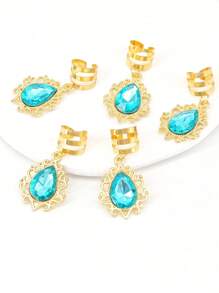 5件套女士多色镂空水钻水滴吊坠，DIY珠宝配件，发夹装饰，工艺用品，发卡 - 金(湖藍色萊茵石) - 查看 6