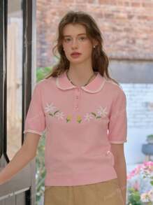 Simple Retro Modele damskie na wiosnę i lato Kolizja Kołnierzyk Piotruś Pan Haft guzikowy Różowy Romantyczny Elegancki Retro Elegancki Slim Krótki rękaw Sweter Dzianinowe topy