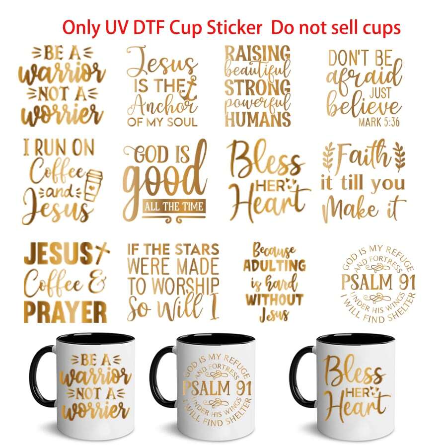 12pcs UV DTF Gold-Colored Bible Verse Series Design Heat Transfer Stickers, Suitable For 16oz Glass Cups Waterproof Stickers, Libbey Sublimation Stickers, Stainless Steel Drum Vinyl Transfers, Colorful Design Stickers, UV DTF, Suitable For Mugs, Fridges, Tumblers, Coffee Cups And Any Flat Surface, Waterproof DIY Decorations (Cups Not Included)