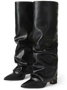 Shark Boots Women's Knee High Boots Fold Over Boots Slouchy Chunky High Heels Shoes Wide Calf Pointed Toe Shoes - 黑色pu - 查看 11