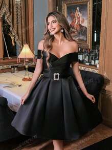 Faeriesty Faeriesty Elegant Off-Shoulder A-Line Dress With Adjustable Waistband - Sophisticated Formalwear For Weddings, Galas, And Evening Events | Spring/Summer/Fall Ready | Perfect For Cocktail Parties, Red Carpet Appearances, And Anniversary Dinners