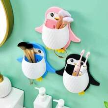 1PC Wall Mounted Toothbrush Rack, Little Penguin Storage Rack Self-Adhesive Tooth Brush Organizer, Toothpaste Holder Shelves Storage Box For Kitchenware Cosmetics