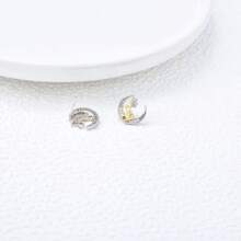 纯银防过敏猫耳环 适合青少年女孩女士可爱动物耳钉小耳环方晶锆石月亮耳环生日礼物 - 銀色 - 查看 5