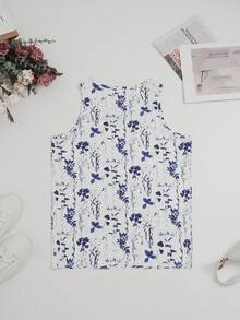 休闲时尚女式花卉植物印花V领无袖背心度假白色夏季 - 白色 - 查看 2