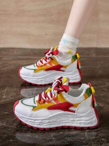 1 双女士 2025 年春季新款厚底运动鞋，韩国学生厚底休闲运动鞋 - 紅色 - 查看 9