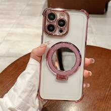 Transparent Anti-Fall Airbag Makeup Mirror Magnetic Bracket TPU Electroplated Phone Case Compatible With IPhone 17/6/7/8/X/XS/XR/11/12/13/14/15/16e, Galaxy S22/23/24, A04/05/06/A07/A17/A14/A15/A16/A24/A25/A34, Redmi Note 7/8/9/10/11/12/13/14, Redmi 9/10/12/13C/14C/A5, OPPO, MOTO, Honor X, HW, Realme C53 C55