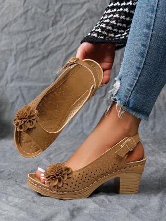 Retro Women's High Heel Sandals With Floral Decor, Hollow-Out Breathable Upper, Adjustable Metal Buckle, Street-Style Summer Brown Thick Sole Open Toe Heels