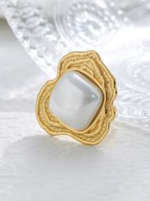 Mazuer 1pc 18K Gold Plated Vintage Stainless Steel Geometric Pearl Design Adjustable Open Ring, Suitable For Women, Characteristics For Spring/Summer, New Year, Western Party, Dating, Gift, Vacation