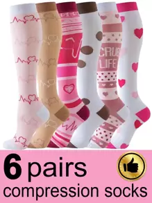 6 pares de calcetines de compresión para mujer, con patrones lindos, calcetines deportivos de tubo alto transpirables y atléticos, calcetines de compresión para mujer adecuados para correr, ciclismo, senderismo, viajes, para el gimnasio, otoño