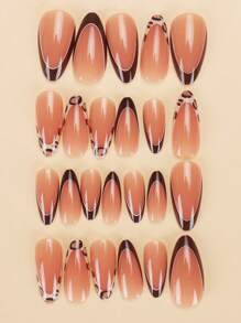 24 Pieces Of Almond Shaped Pressed Fake Nail Patches, Leopard Print Contrasting Sweet And Cool French Style Women's Fingernail Patches, New And Fashionable Fingertips, Paired With 1 Piece Of Jelly Glue And 1 Piece Of Rubbing Strip, Suitable For Women's Parties, Dances, Daily Casual Wear, Detachable And Reusable