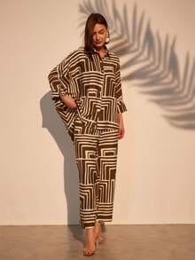 Green Geometric Pattern Oversized Matching Sets Women Longewear For Travel - Olive Green - View 4