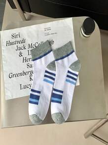 5 Pairs Men's Moisture-Wicking Breathable Striped Crew Socks, Sports Style, Suitable For Spring, Autumn And Winter - Multicolor - View 4