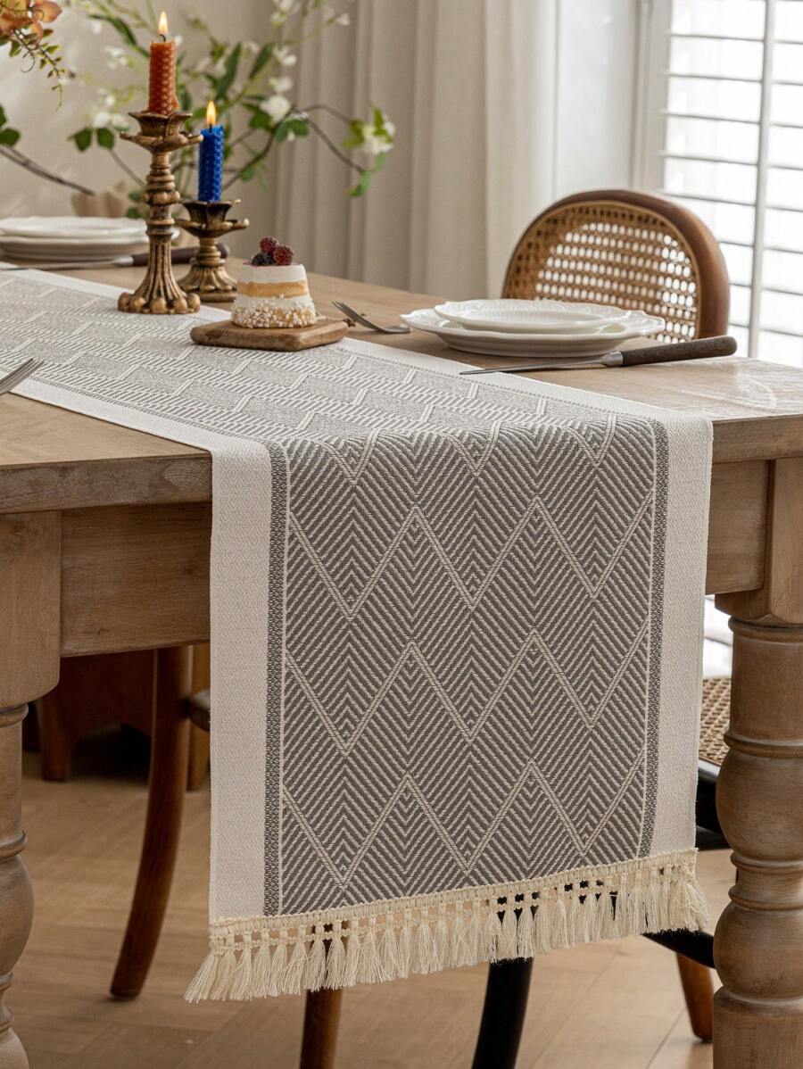 1pc Handwoven Tassel Decor Table Runner, Water-Repellent & Stain-Resistant, Modern Minimalist Style, Elevates Dining Table Artistry For Family Gatherings Or Holiday Celebrations - Grey - View 1