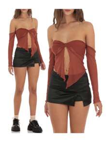Women's Summer Sheer Tube Tops Solid Color Off Shoulder Front Knot Mesh T-Shirts