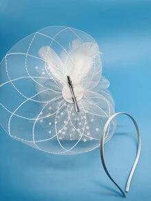 YBYR 1 件装白色迷人帽子，适合女士茶会头饰肯塔基德比婚礼帽，带面纱新娘头饰花网羽毛发夹