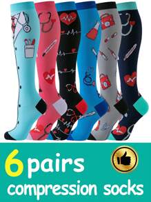 6 pares de calcetines de compresión para mujer, calcetines de compresión hasta la rodilla con diseños lindos, adecuados para correr, ciclismo, senderismo - Multicolor - Ver 7
