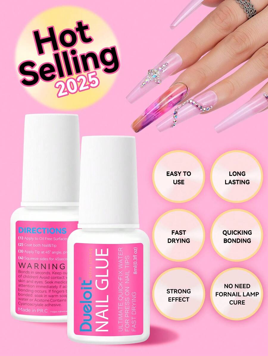 8ml Super Strong Nail Glue For Nail Tips, Acrylic Nails And Press On Nails , Long Lasting Nail Glue For Acrylic Nails Fake Nails Tips Nail Glue Gel,Random - 粉色 - 查看 1