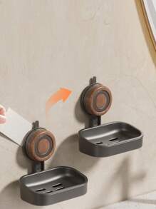 1 Pc Creative Light Luxury Free Punching Sucker Wall Hanging Removable Stainless Steel Wood Grain Bathroom Soap Box, Hollow Drain, Load-Bearing Capacity, Convenient Bathroom Use, Easy To Take, Single And Double Optional, Double Layer Send A Sponge Brush