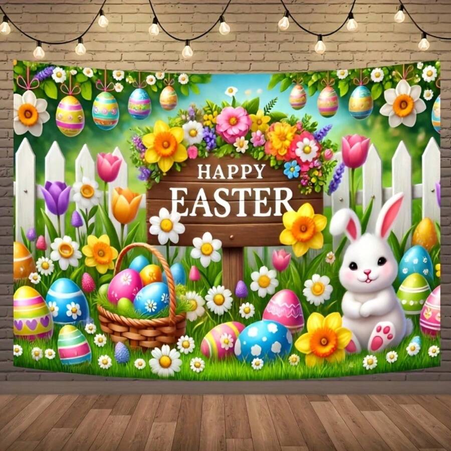 复活节兔子与蛋花园场景背景 - 可重复使用的多功能布横幅，适用于家庭活动、婚礼、生日 - 无需电力、春季和复活节房间装饰