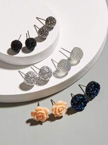 6 Pairs Luxurious Crystal Flower Stud Earrings Set, Simple Fashion Casual Daily Wear