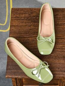 Women's Fashion Square Toe Slip-On Green Bow Accent Flats, Versatile Casual Office Loafers For Spring/Autumn, Outdoor Activities, With Elegant Charm