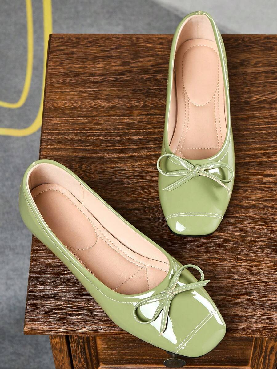 Women's Fashion Square Toe Slip-On Green Bow Accent Flats, Versatile Casual Office Loafers For Spring/Autumn, Outdoor Activities, With Elegant Charm