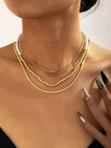 Set de 3 collares multicapa de imitación de perlas, diseño de cadena tipo hueso de serpiente, accesorios de estilo simple y elegante color dorado para mujer, para uso diario y como regalo