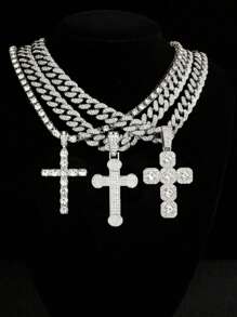 1pc Men's Double Layer Fully Rhinestone Cross Pendant Necklace, Fashionable Personalized Titanium Steel Tennis Chain - Cross Necklace - View 8