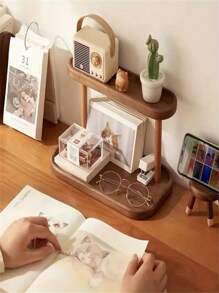 1 szt. 2-poziomowa wolnostojąca drewniana półka - wielofunkcyjny regał do przechowywania na biurku, odpowiedni do wystroju wnętrz, biżuterii, kosmetyków i artykułów piśmiennych - bez metalowej rury, półki pionowe