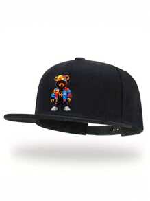 1pc "Doodle Bear" Print Unisex Streetwear Hip Hop Cap, Adjustable Brim Baseball Hat, Sports Cap