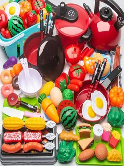 27pcs Children Kitchen Simulation Toys Fruits Cutting Vegetables Food Kitchenware Set Parent-Child Interactive Toys Cookware Toys For Kids Role Play Games Pretend Toys Gifts For Boys Girls Educational Toys