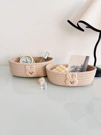 1pc/2pcs Cute Cartoon Organizer Basket, Handcrafted Rope Woven Storage Container For Home, Kids Room, Living Room, Tabletop, Entrance, Tea Table, Misc Items