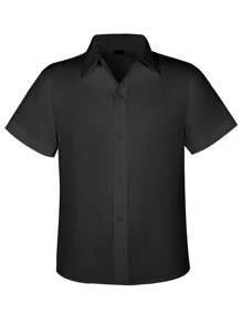 男童衬衫短袖棉质衬衫男孩正装衬衫校服青少年儿童休闲黑色夏季标准百搭6-16岁 - 黑色 - 查看 3