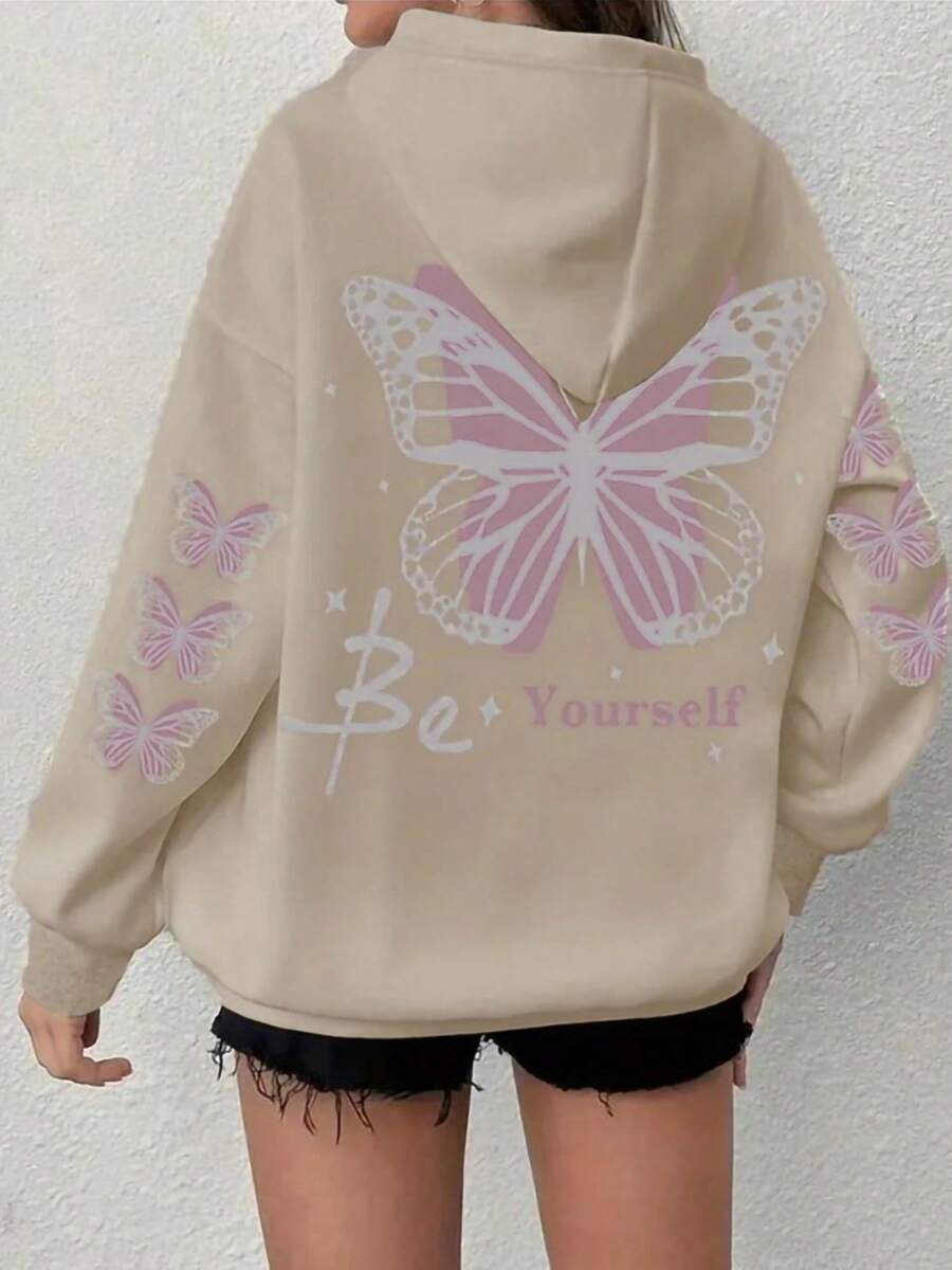 Womens Plus Size Hoodie Loose Butterfly Print Long Sleeve Hooded Sweatshirt With Pocket Casual Streetwear - Khaki - View 1