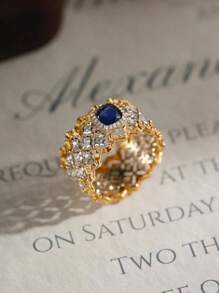 1pc S925 Sterling Silver Retro Elegant Luxury Palace-Style Hollow Lace Blue Zirconia Crystal Ring, Versatile, Suitable For Women Daily Wear, Holidays, Parties, Jewelry Gift