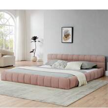 YOGLAD King Size Upholstered Bed Frame With Thick Fabric, Chenille Fabric Grounded Queen Size Platform Bed With Headboard And Solid Frame. No Box Spring Needed - 粉紅色(King Size) - 查看 4