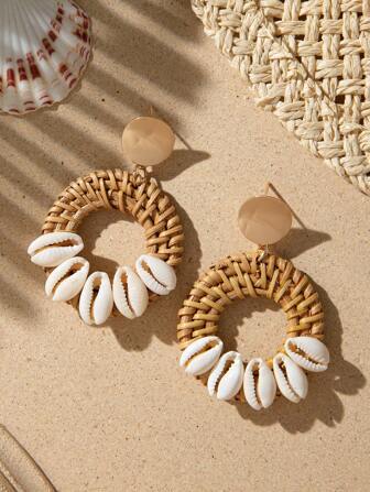 1 对波西米亚风藤条贝壳装饰空心编织几何吊坠耳环，适合女士，是度假和日常使用的完美配饰