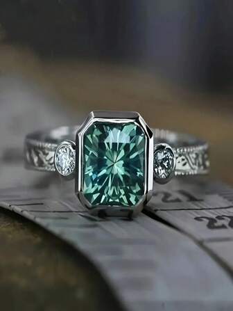 复古 925 纯银方形戒指 - 锆石点缀，时尚女士日常佩戴和派对配饰